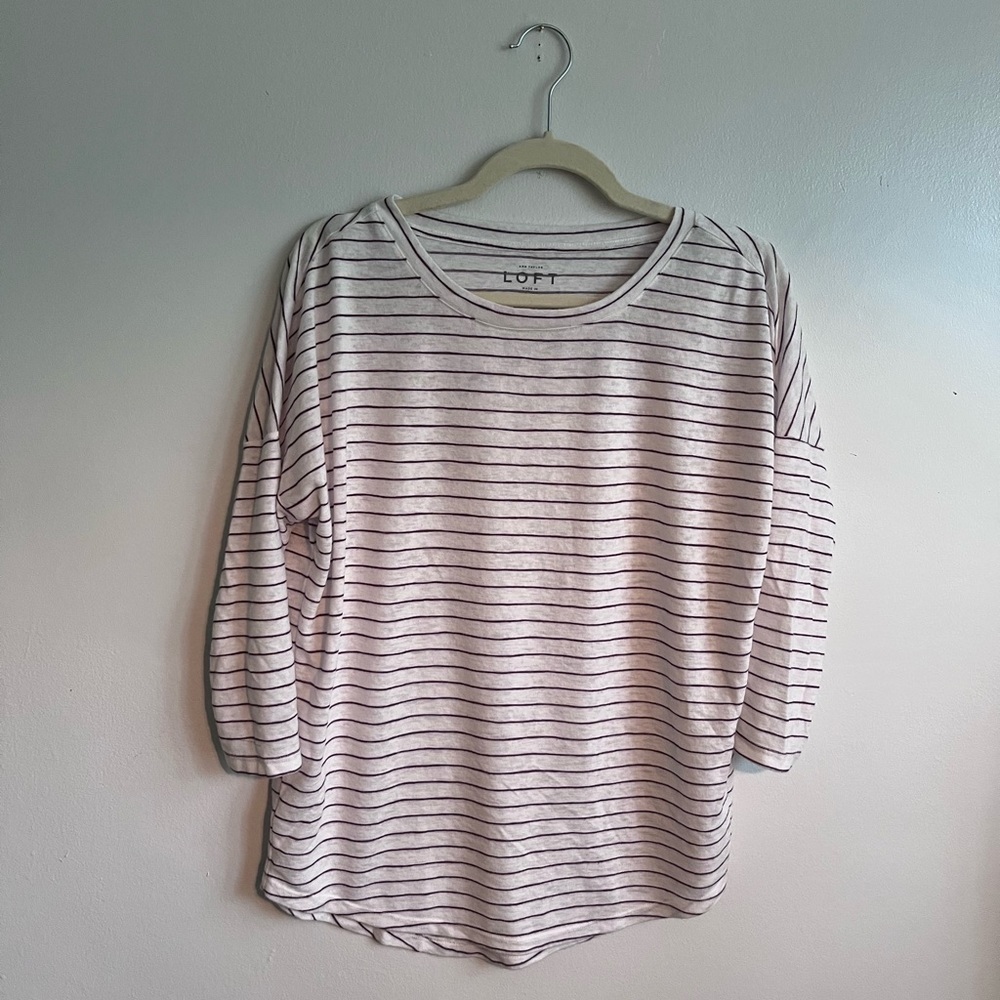 Loft oversized, 3/4-sleeve tee. Cream with wine colored stripes. XS, EUC!